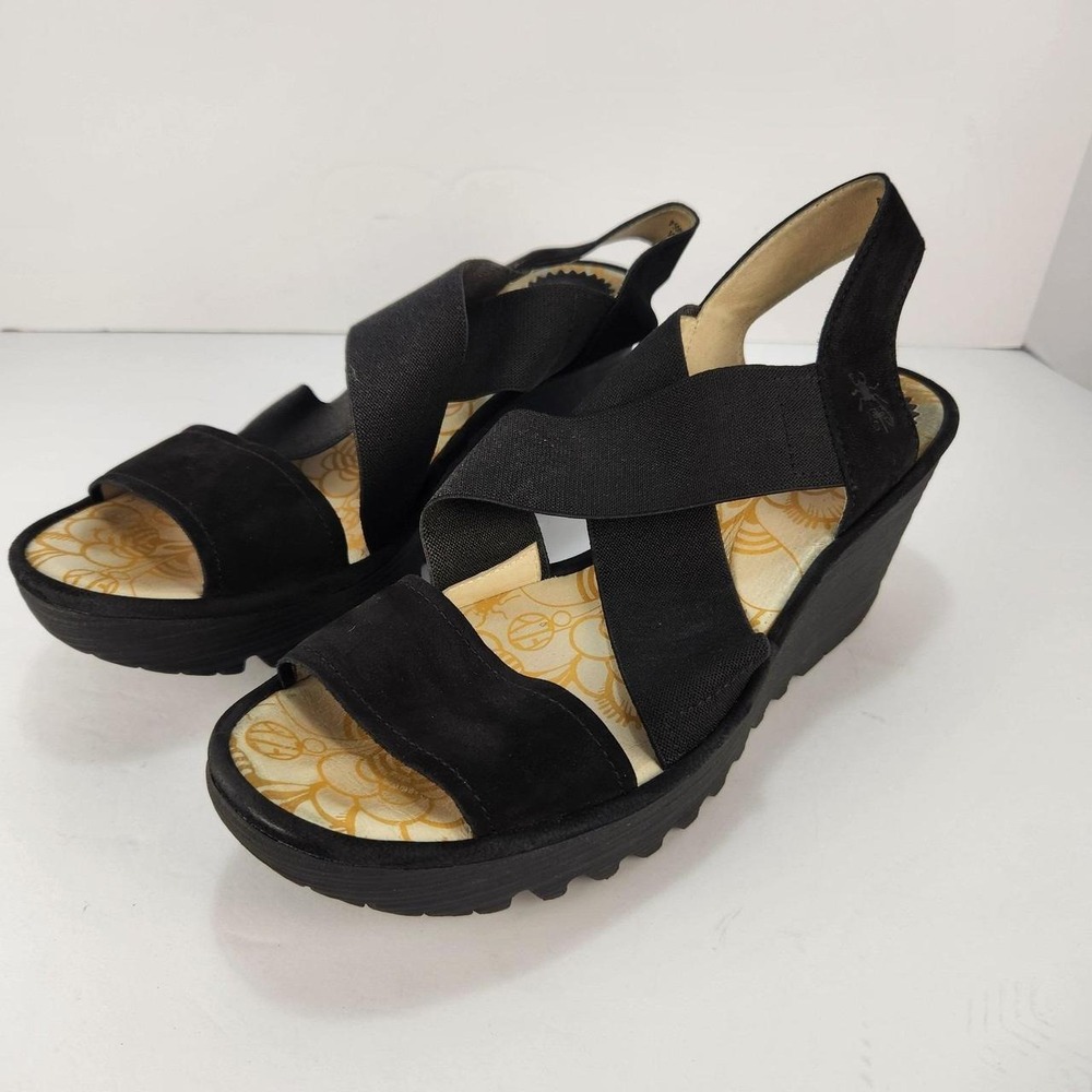 FLY London Women's Size 42 Black Yaji Wedge Platform Slingback Sandals Comfort